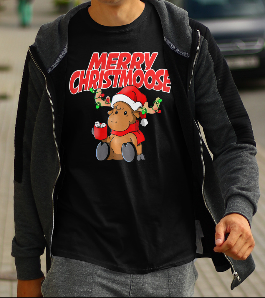 Merry Christmoose Funny Holiday Pun Moose With Santa Hat And Hot Cocoa T-Shirt