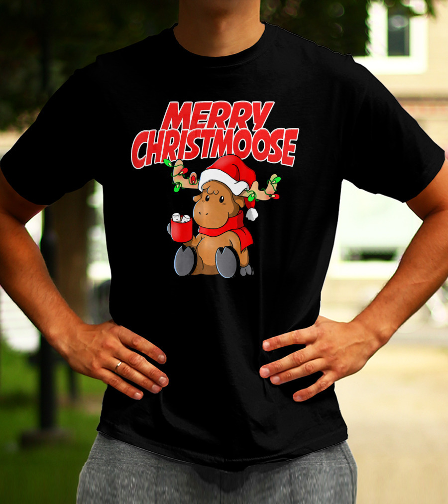 Merry Christmoose Funny Holiday Pun Moose With Santa Hat And Hot Cocoa T-Shirt