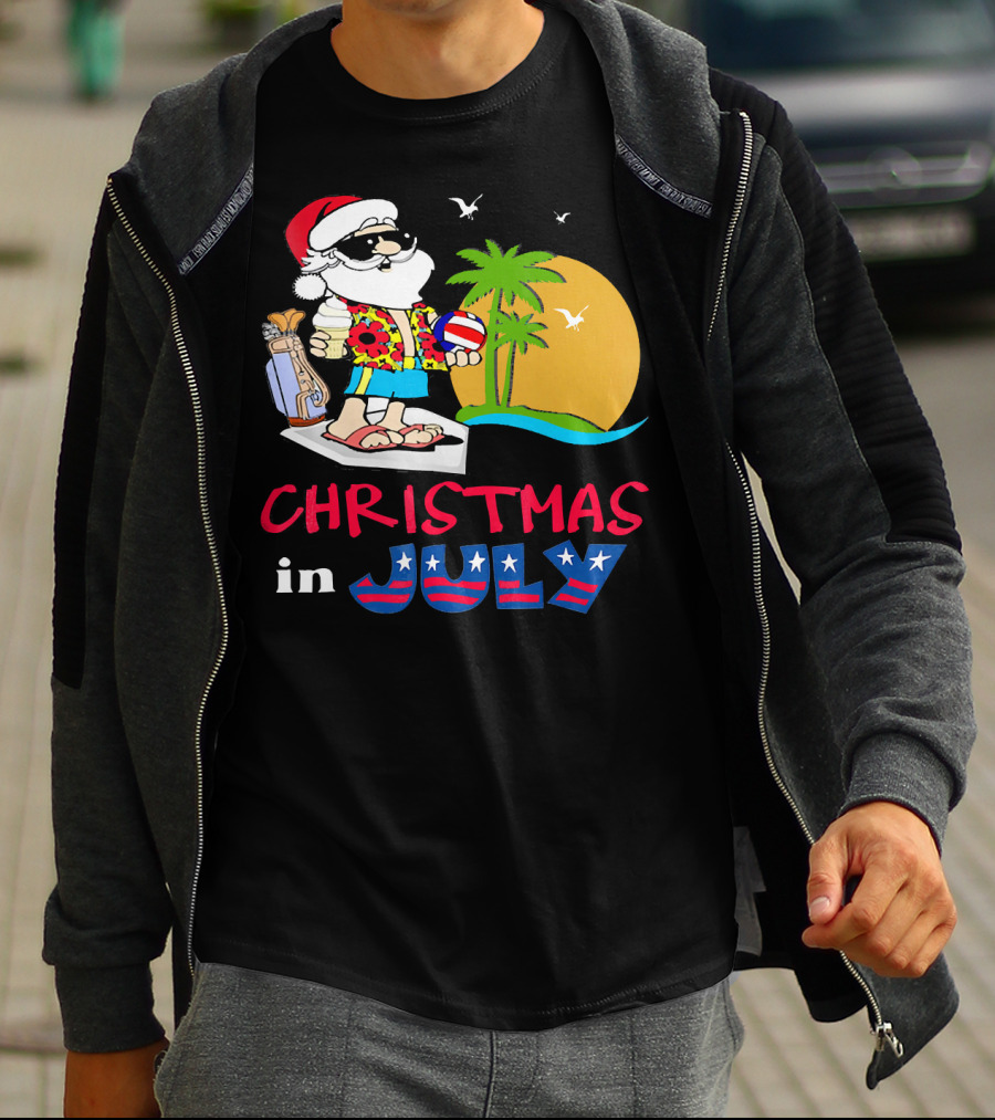 Christmas In July Funny Santa Summer Golf Sun And Palm Trees T-Shirt