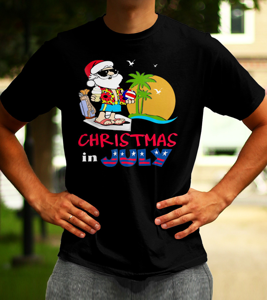 Christmas In July Funny Santa Summer Golf Sun And Palm Trees T-Shirt