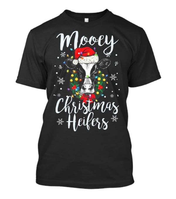 Mooey Christmas Heifers Santa Cow With Festive Lights And Snowflakes T-Shirt