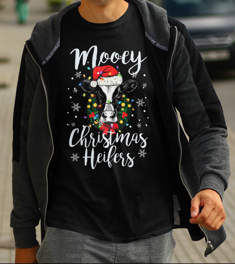 Mooey Christmas Heifers Santa Cow With Festive Lights And Snowflakes T-Shirt