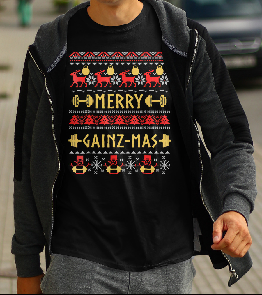 Merry Gainz Mas Fitness Christmas Kettlebells And Dumbbells Ugly T-Shirt