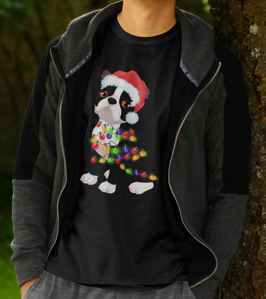 Boston Terrier Christmas Lights Santa Hat T-Shirt