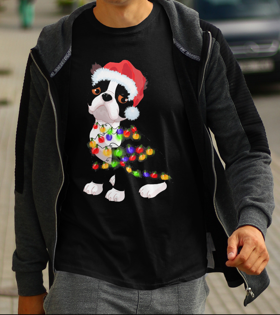 Boston Terrier Christmas Lights Santa Hat T-Shirt
