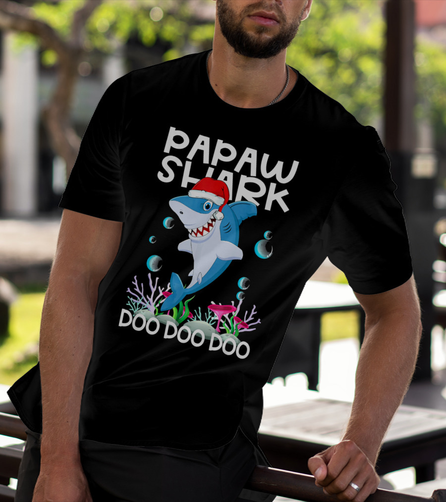 Papaw Shark Doo Doo Doo Santa Hat Coral Bubbles T-Shirt