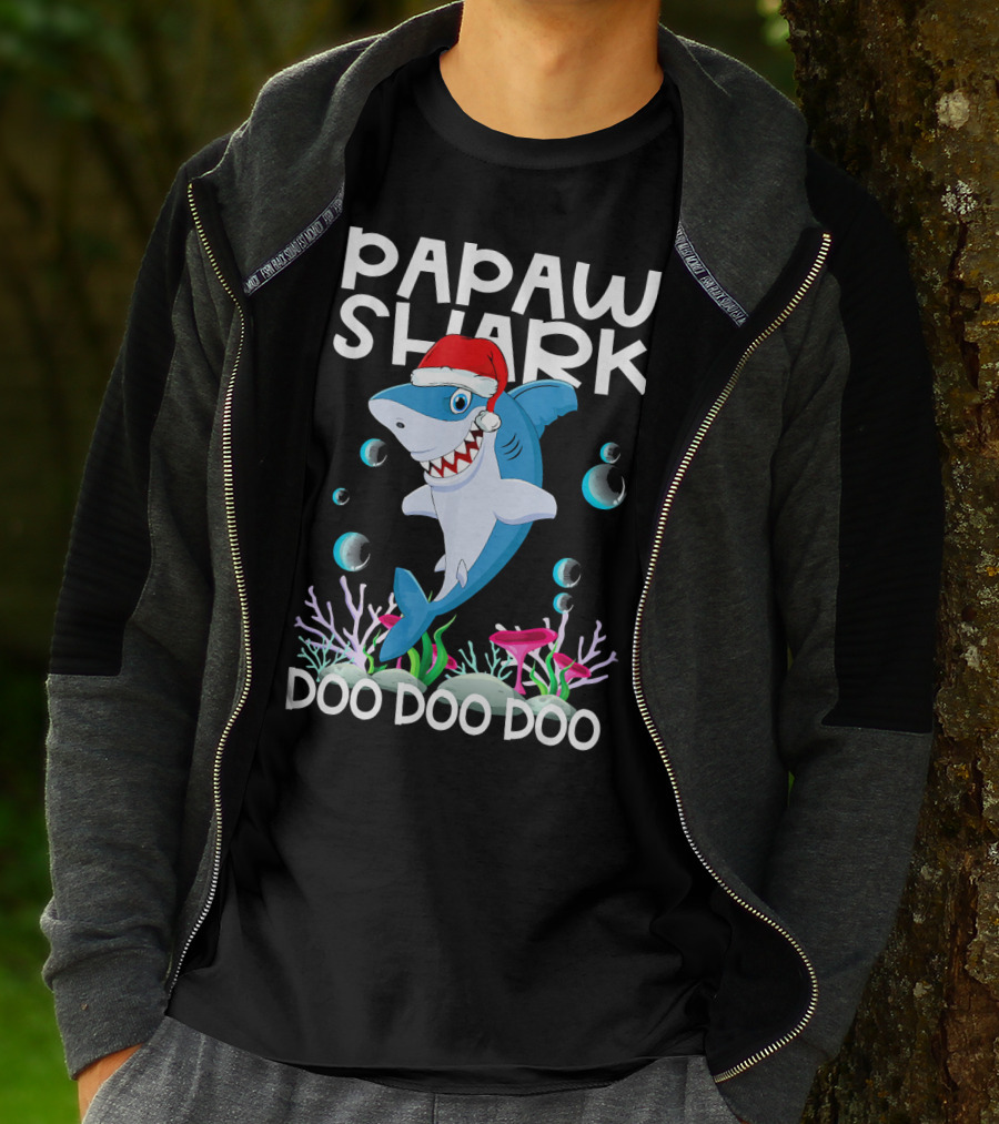 Papaw Shark Doo Doo Doo Santa Hat Coral Bubbles T-Shirt
