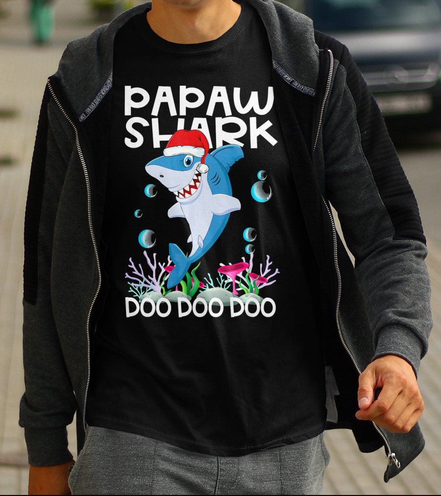 Papaw Shark Doo Doo Doo Santa Hat Coral Bubbles T-Shirt