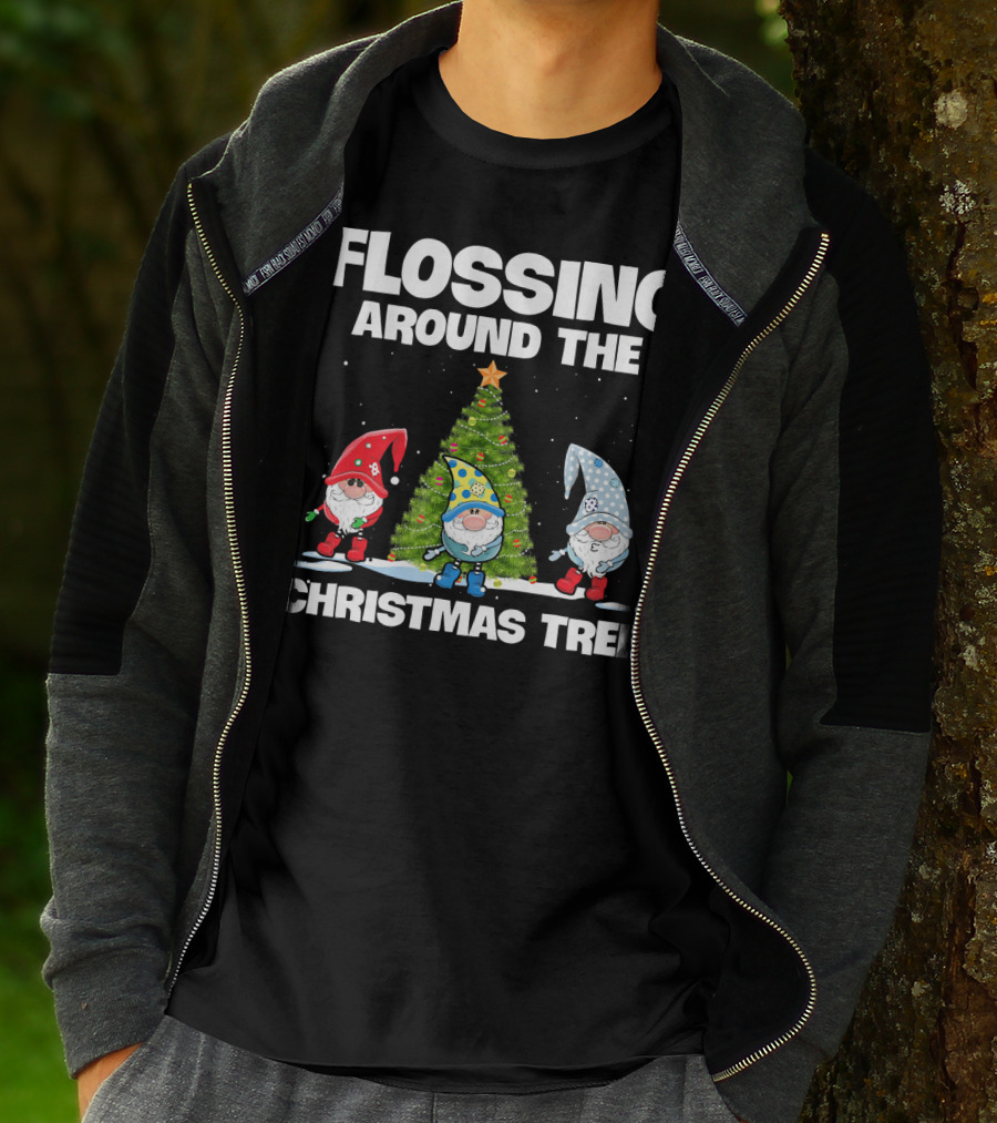 Flossing Around The Christmas Tree Gnomes And Lights Under Starry Sky T-Shirt