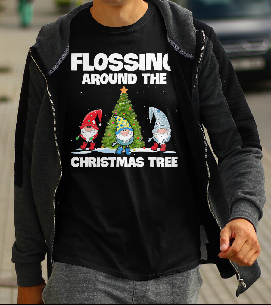 Flossing Around The Christmas Tree Gnomes And Lights Under Starry Sky T-Shirt