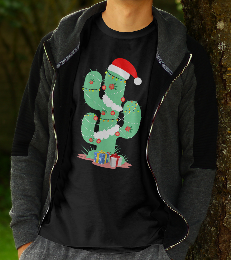 Funny Christmas Cactus With Santa Hat And Presents T-Shirt
