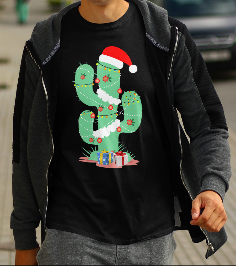 Funny Christmas Cactus With Santa Hat And Presents T-Shirt
