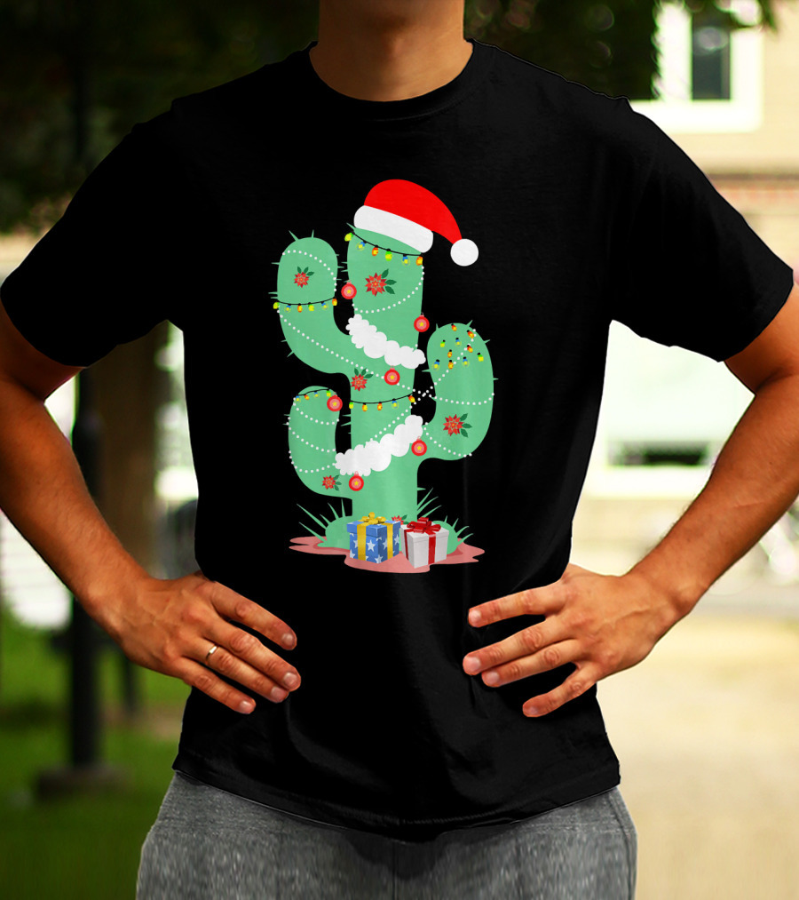 Funny Christmas Cactus With Santa Hat And Presents T-Shirt