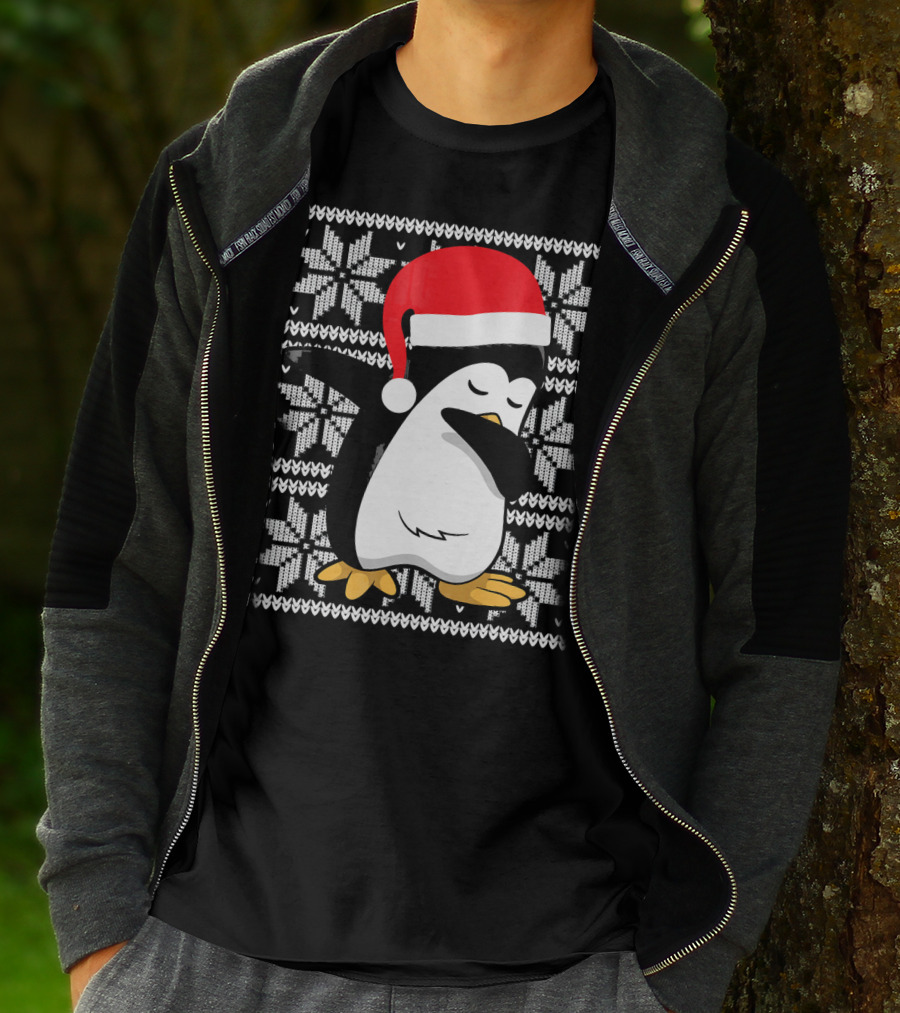 Ugly Christmas Dabbing Penguin Santa Hat Snowflake T-Shirt