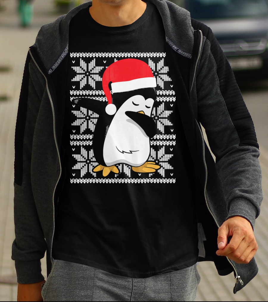 Ugly Christmas Dabbing Penguin Santa Hat Snowflake T-Shirt