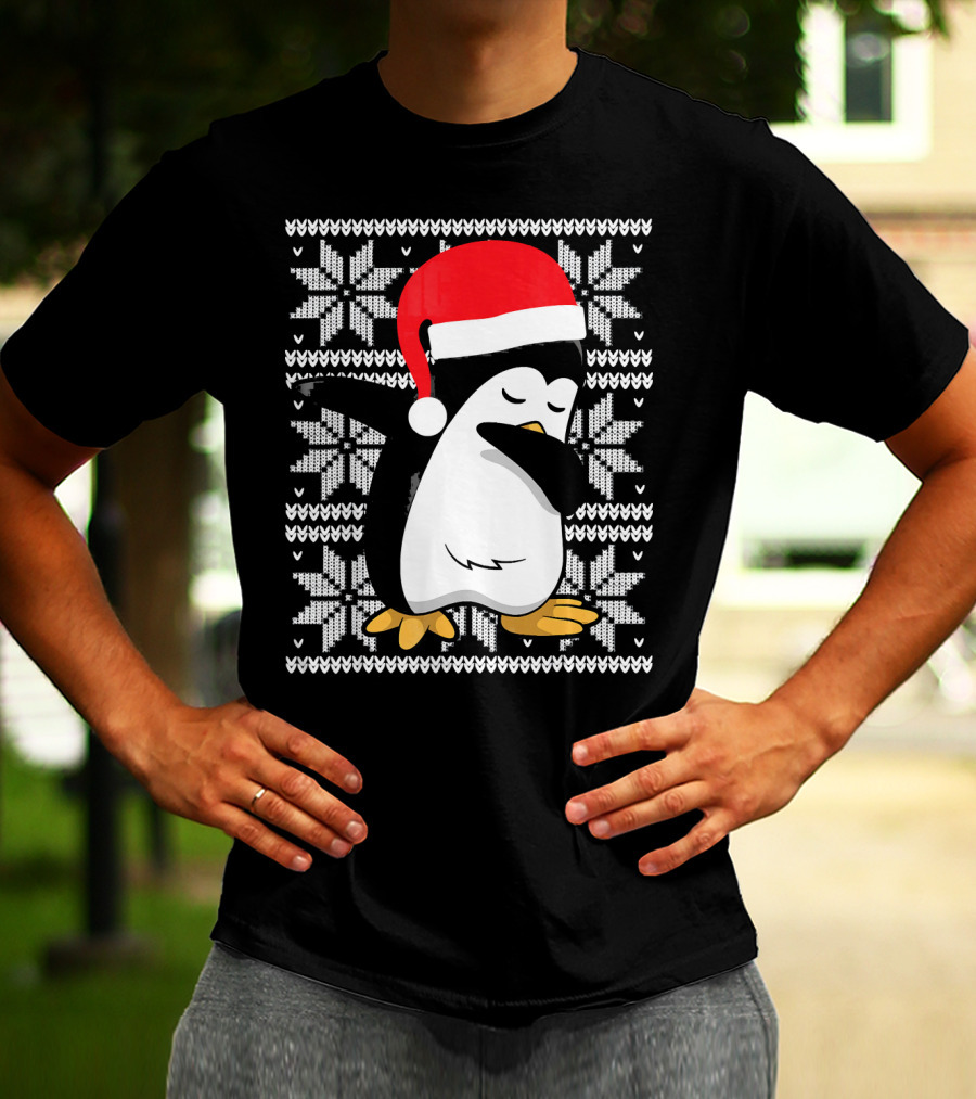 Ugly Christmas Dabbing Penguin Santa Hat Snowflake T-Shirt