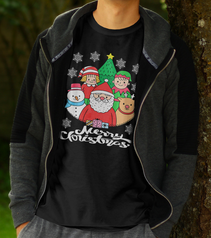 Merry Christmas Santa Claus Elf Snowman Reindeer Tree T-Shirt