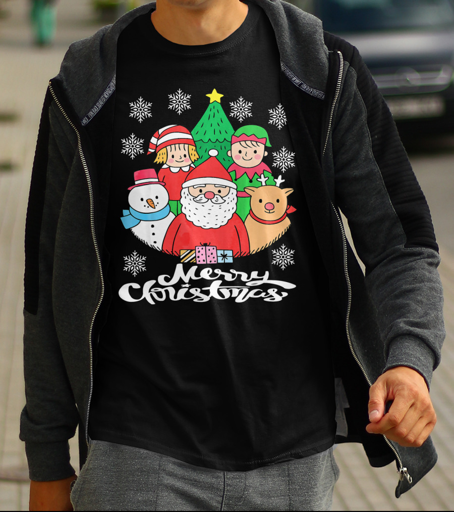 Merry Christmas Santa Claus Elf Snowman Reindeer Tree T-Shirt