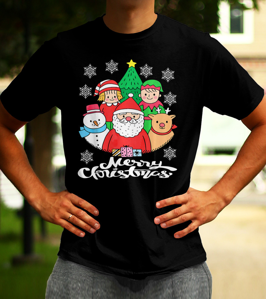 Merry Christmas Santa Claus Elf Snowman Reindeer Tree T-Shirt