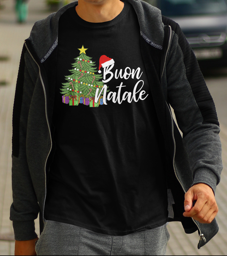 Buon Natale Italian Christmas Tree Santa Hat Tanti Auguri Regalo T-Shirt