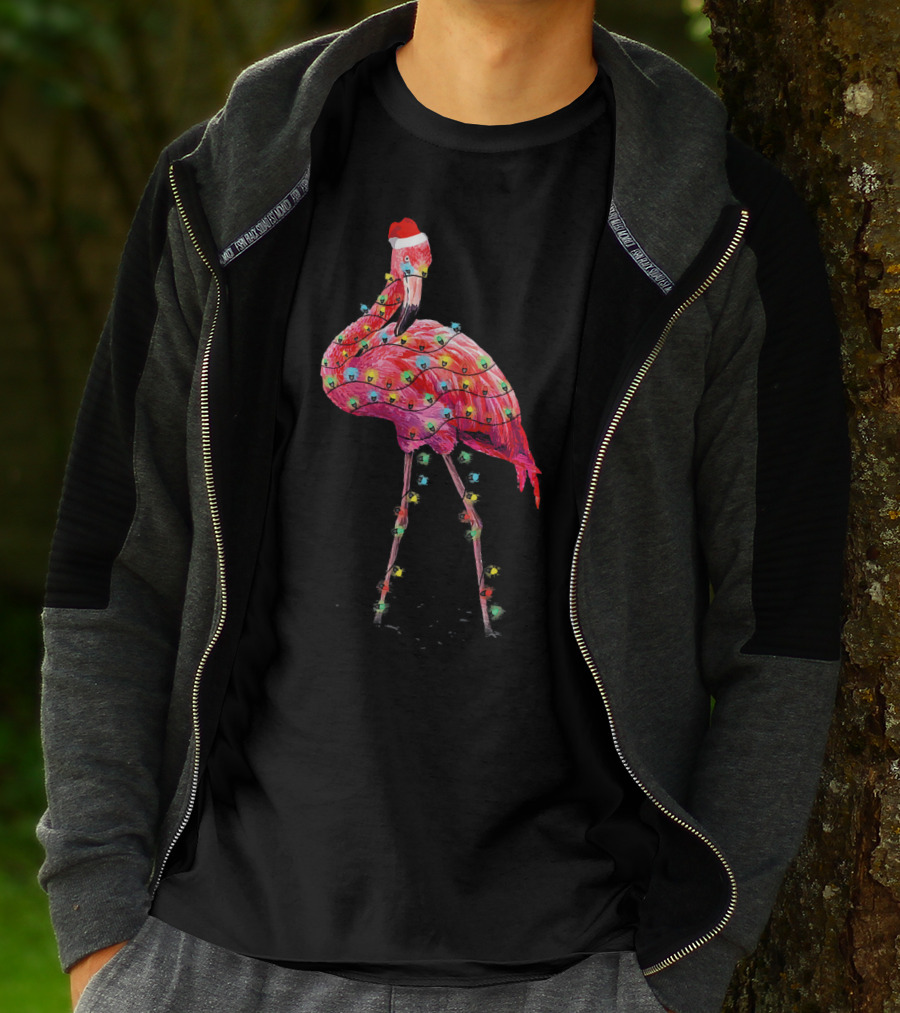 Cute Pink Flamingo Christmas Lights Santa Hat T-Shirt