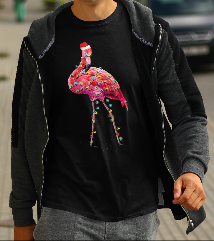 Cute Pink Flamingo Christmas Lights Santa Hat T-Shirt