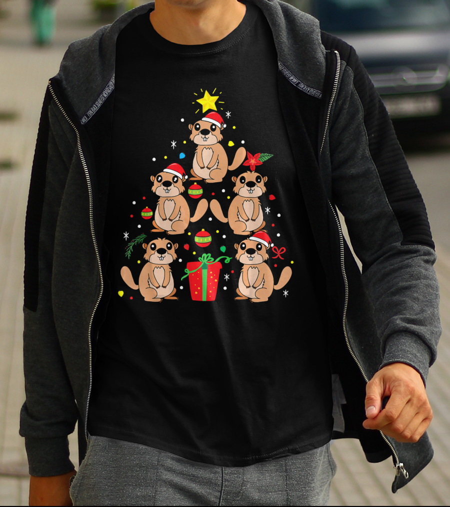 Groundhog Christmas Ornament Tree With Santa Hats And Gift T-Shirt