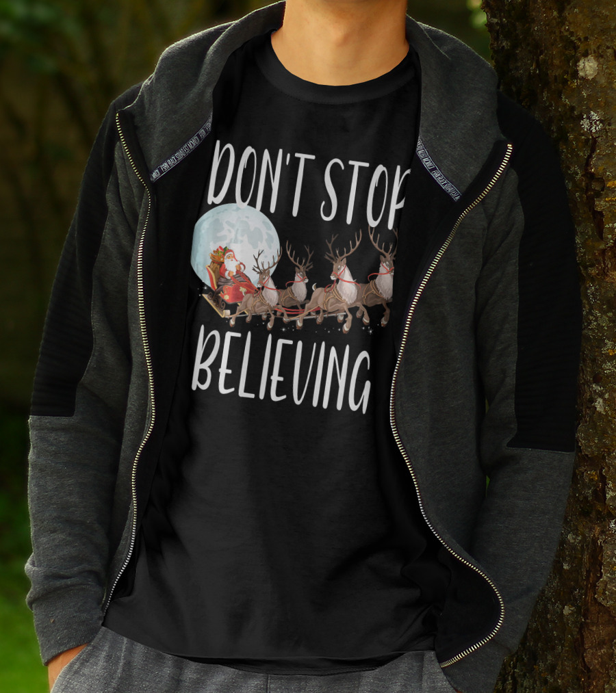Don't Stop Believing Santa Sleigh Moon Reindeer T-Shirt