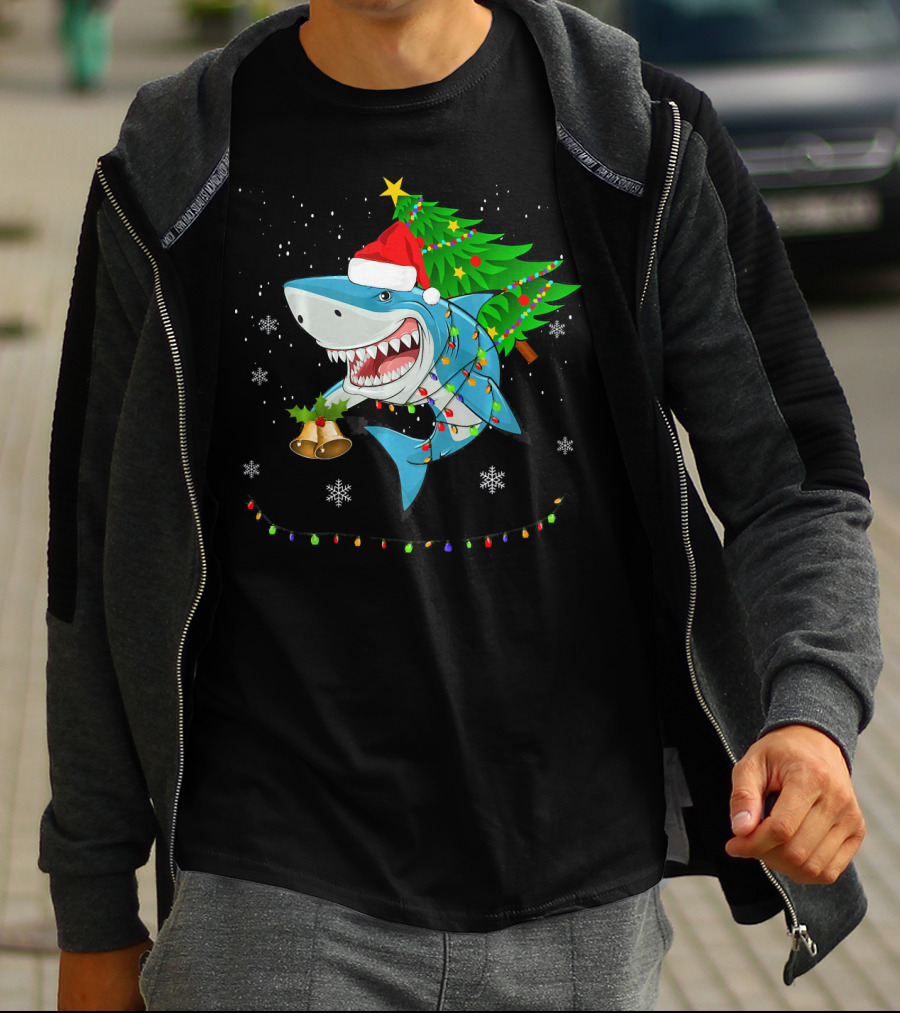 Shark Christmas Tree Santa Hat Holiday Lights Snowflakes T-Shirt