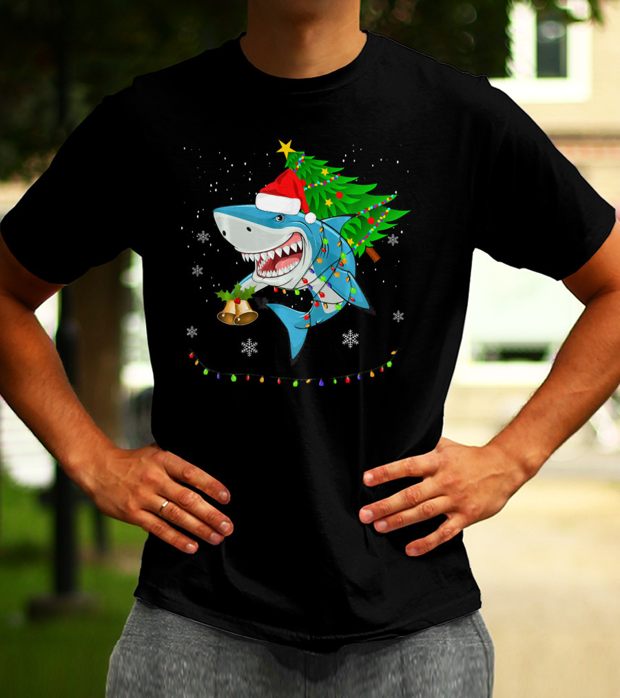 Shark Christmas Tree Santa Hat Holiday Lights Snowflakes T-Shirt