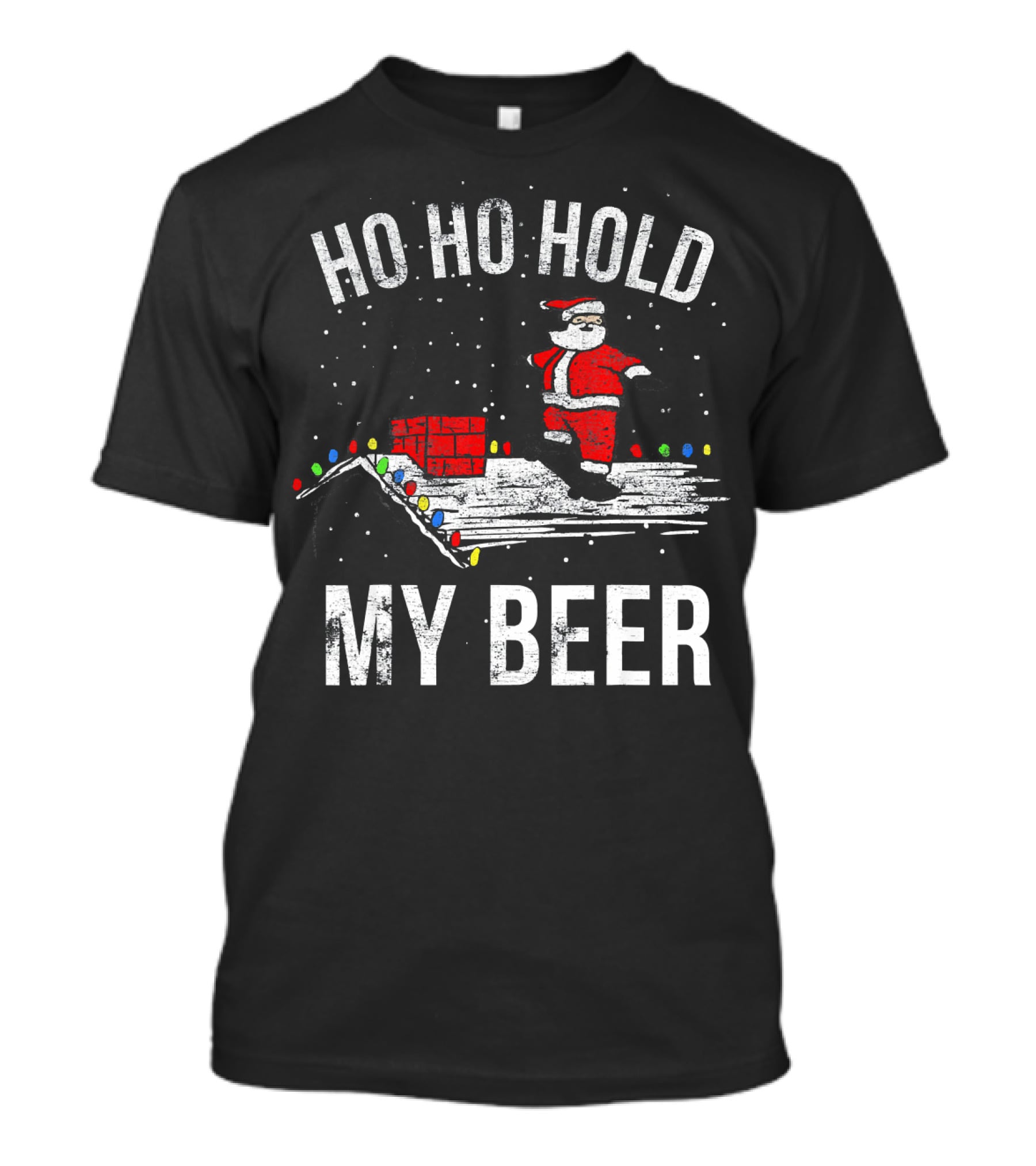 Ho Ho Hold My Beer Santa Skateboarding On Roof With Lights T-Shirt