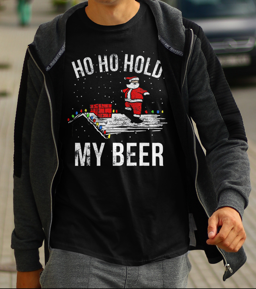 Ho Ho Hold My Beer Santa Skateboarding On Roof With Lights T-Shirt