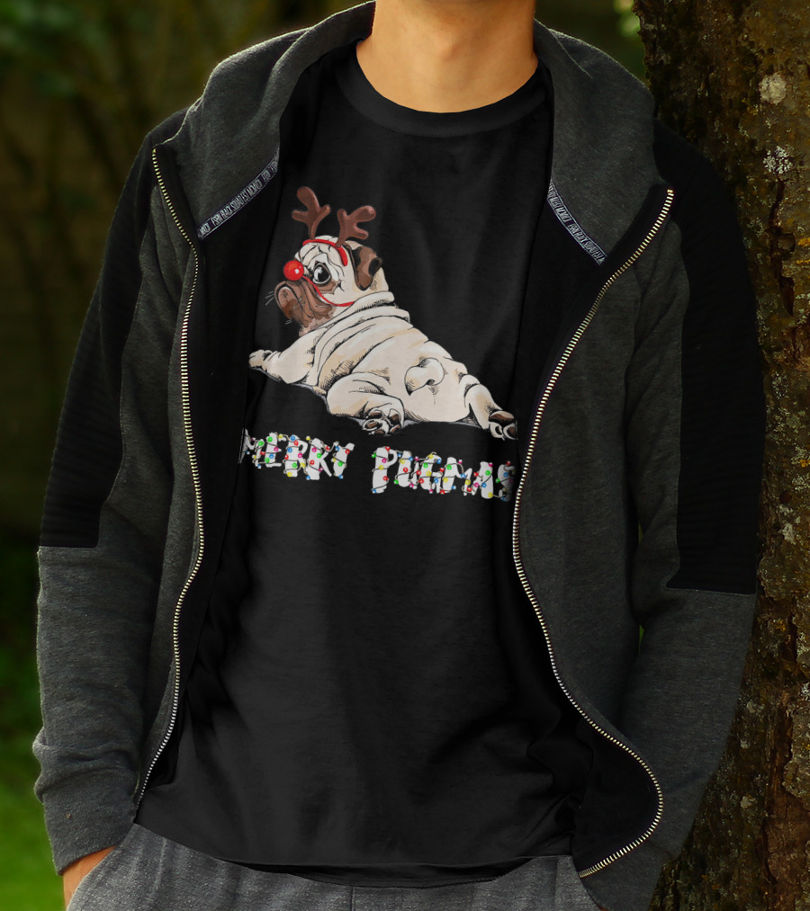 Merry Pugmas Christmas Reindeer Pug With Festive Lights For Dog Love T-Shirt