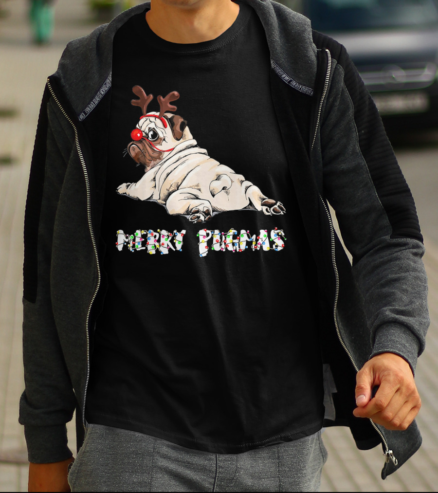 Merry Pugmas Christmas Reindeer Pug With Festive Lights For Dog Love T-Shirt