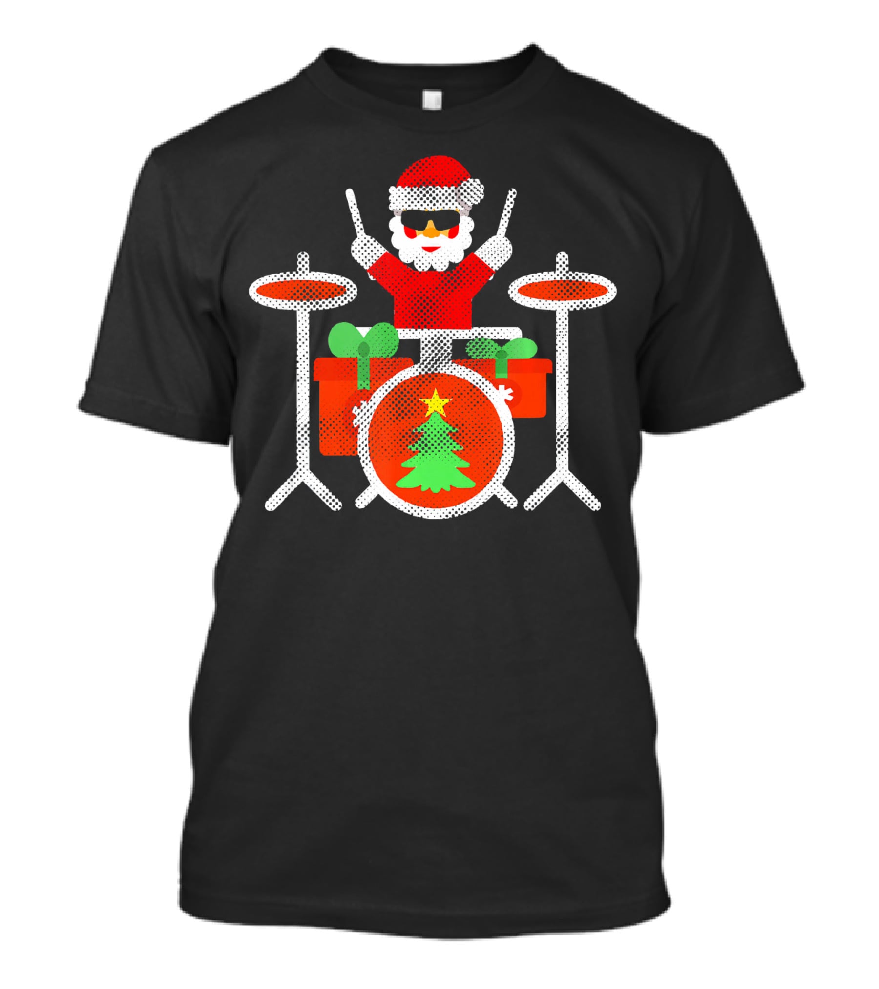Funny Drummer Santa Christmas Drum Set With Gifts And Tree T-Shirt