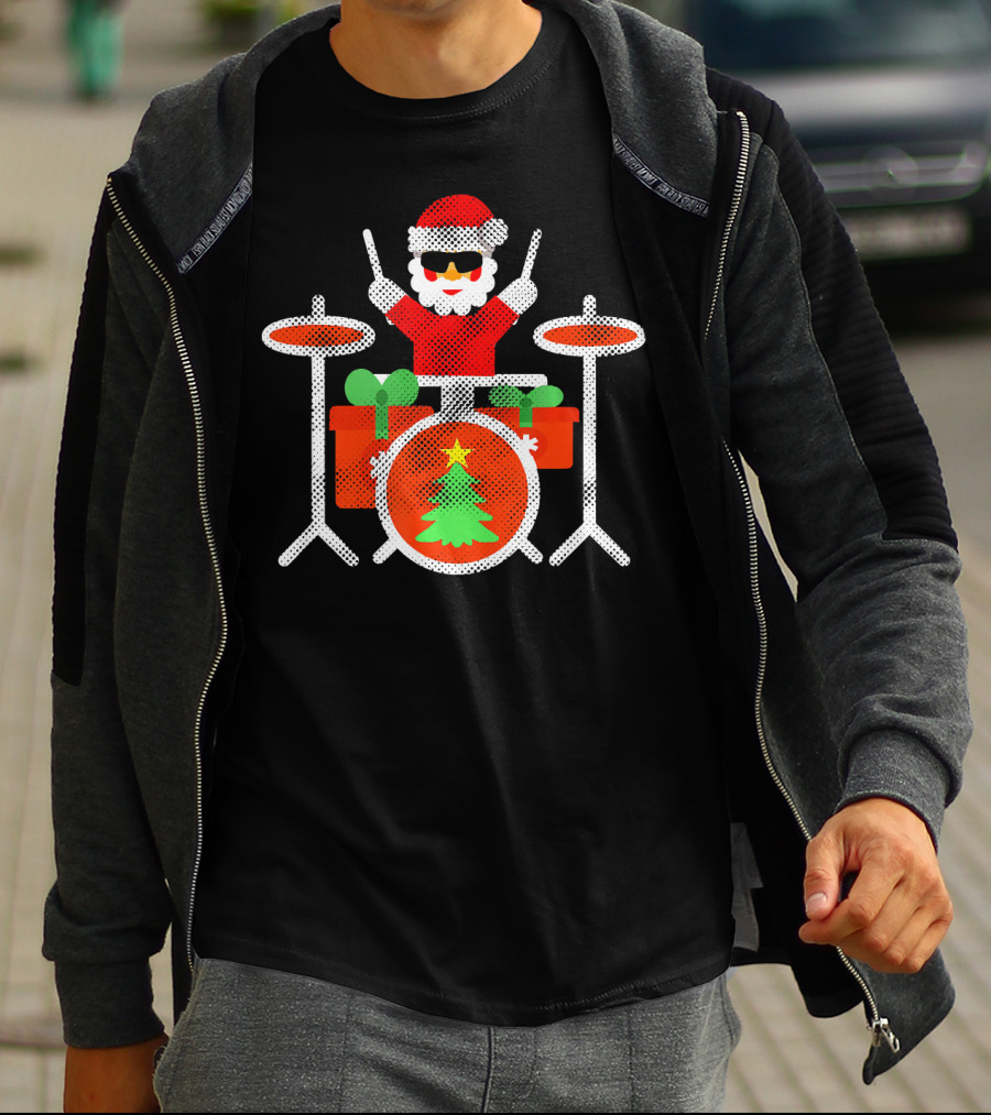 Funny Drummer Santa Christmas Drum Set With Gifts And Tree T-Shirt