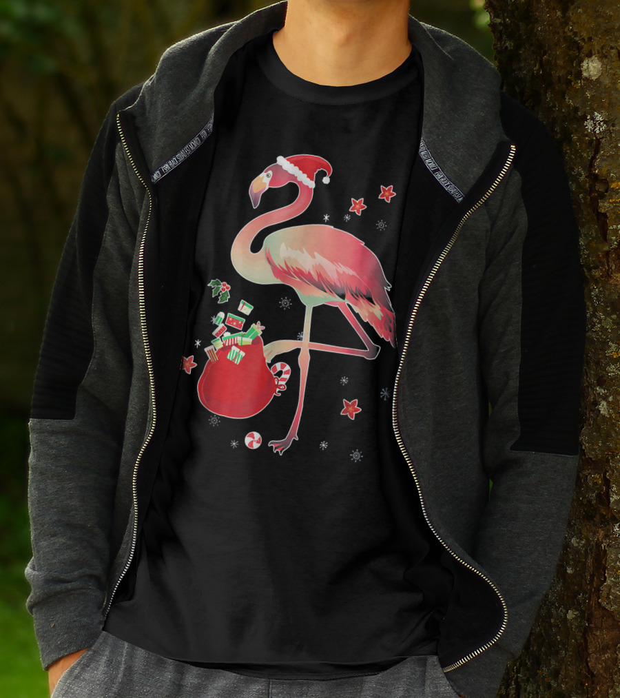 Ugly Christmas Funny Pink Flamingo With Santa Hat And Holiday Gift Bag T-Shirt