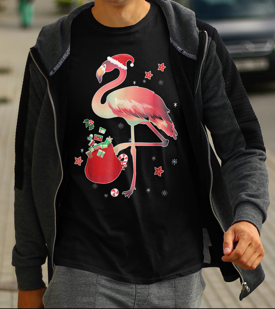 Ugly Christmas Funny Pink Flamingo With Santa Hat And Holiday Gift Bag T-Shirt