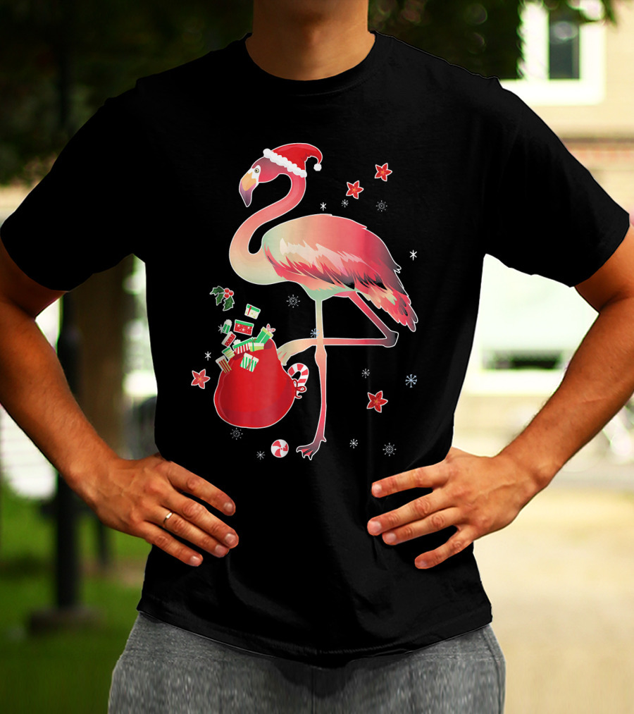 Ugly Christmas Funny Pink Flamingo With Santa Hat And Holiday Gift Bag T-Shirt