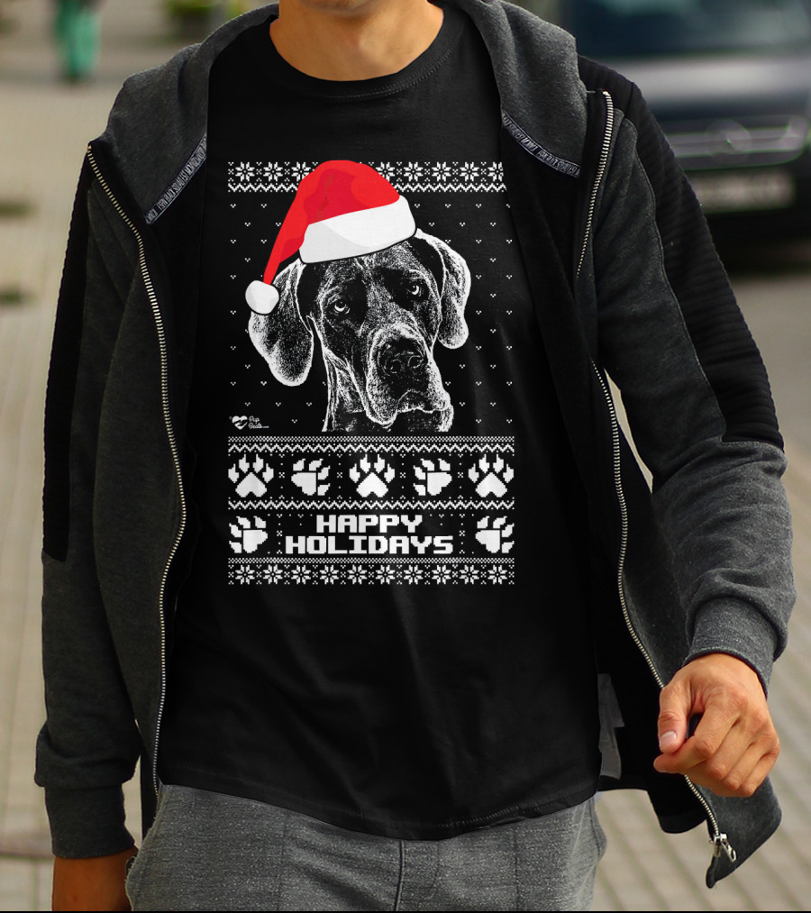 Great Dane Happy Holidays Santa Hat Paw Prints T-Shirt