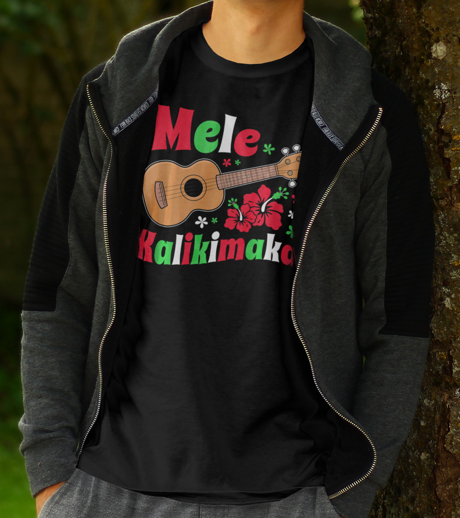Mele Kalikimaka Ukulele Hibiscus Hawai Christmas T-Shirt