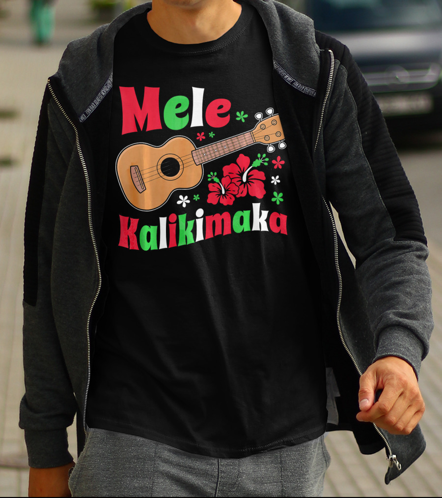 Mele Kalikimaka Ukulele Hibiscus Hawai Christmas T-Shirt