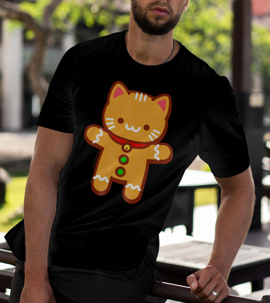Cute Gingerbread Cat With Whiskers And Red Collar T-Shirt