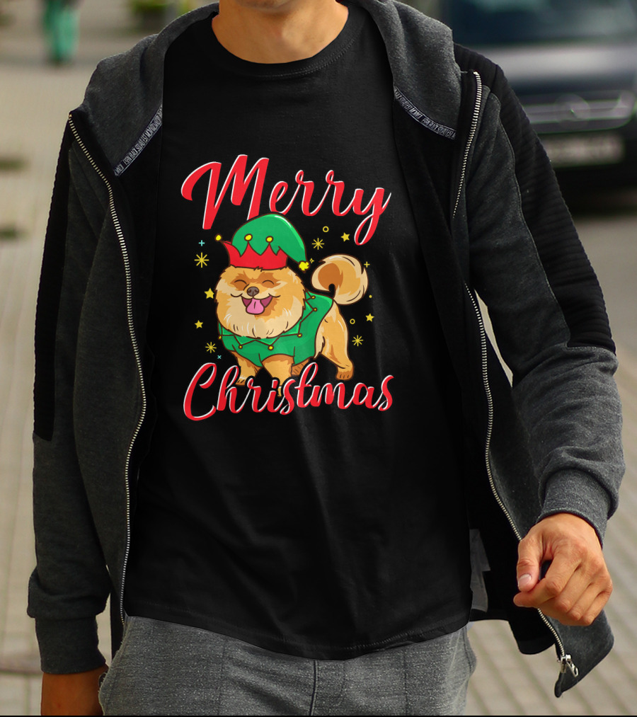 Merry Christmas Funny Cute Pomeranian Elf T-Shirt