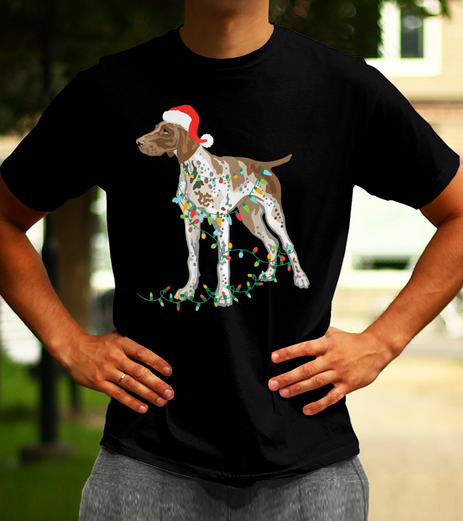 German Shorthaired Pointer Wearing Santa Hat With Christmas Lights Entwined T-Shirt