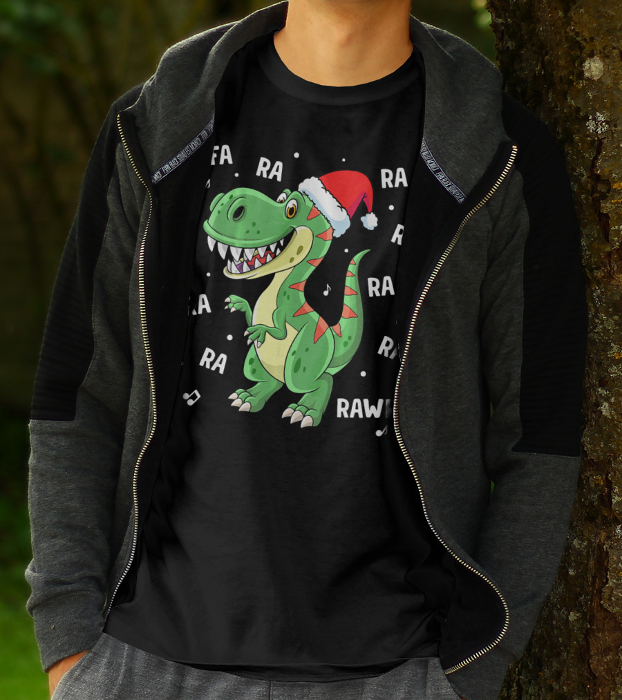 Fa Ra Ra Ra Rawr Dinosaur Rex In Santa Hat Singing Holiday Tune T-Shirt