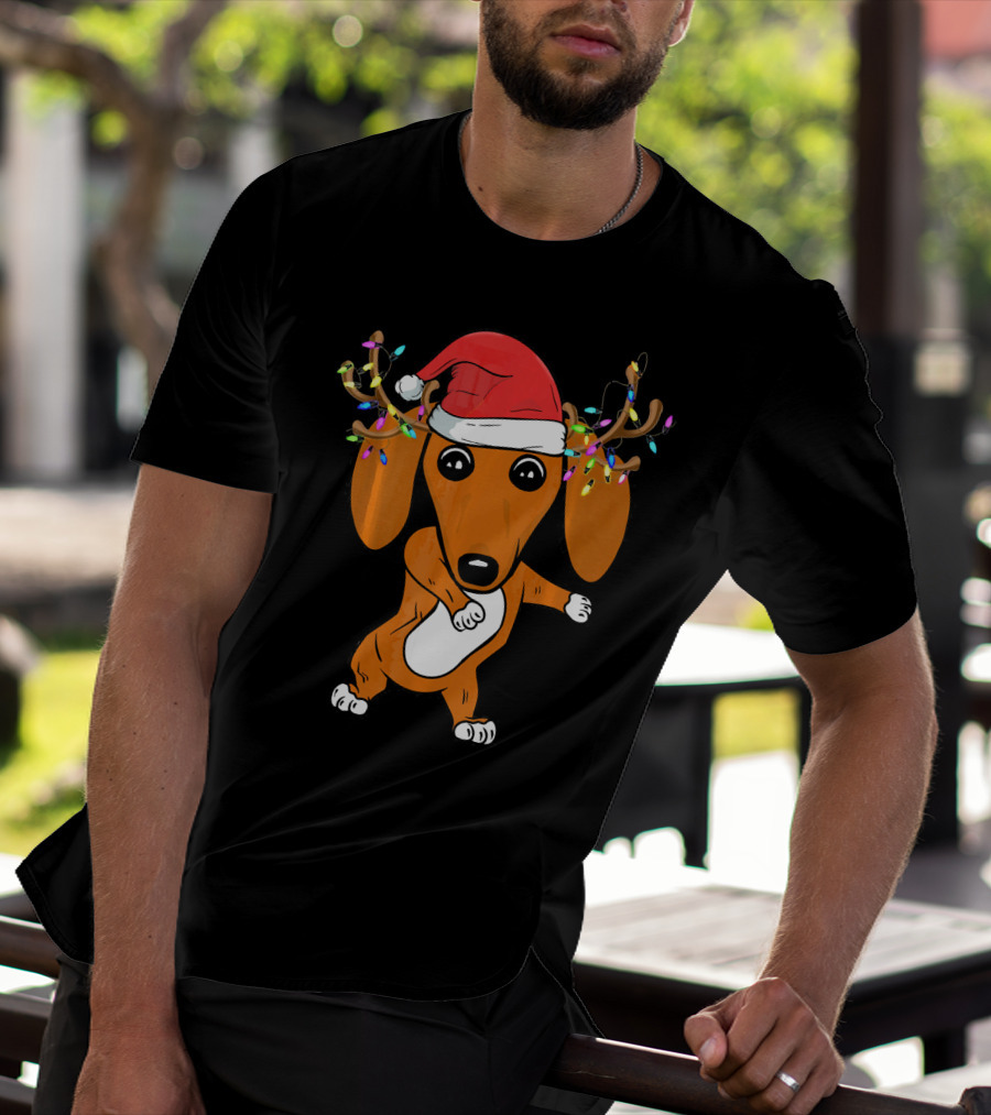 Dabbing Dachshund With Santa Hat And Reindeer Antlers T-Shirt