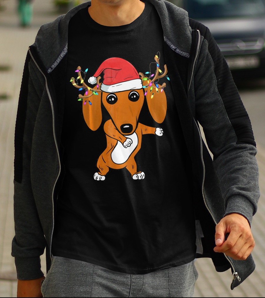 Dabbing Dachshund With Santa Hat And Reindeer Antlers T-Shirt