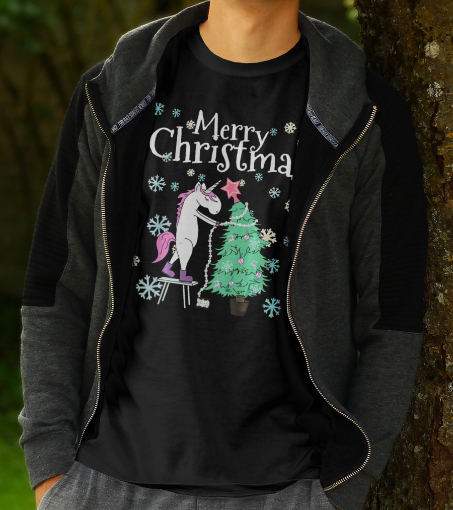 Merry Christmas Funny Unicorn Decorating Christmas Tree T-Shirt