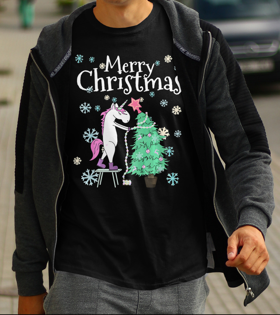 Merry Christmas Funny Unicorn Decorating Christmas Tree T-Shirt